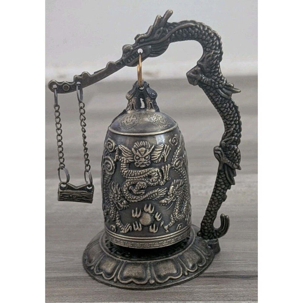 Vintage Chinese Dragon Bell w/ Striker Bronze Tone Hanging Feng Shui Decor